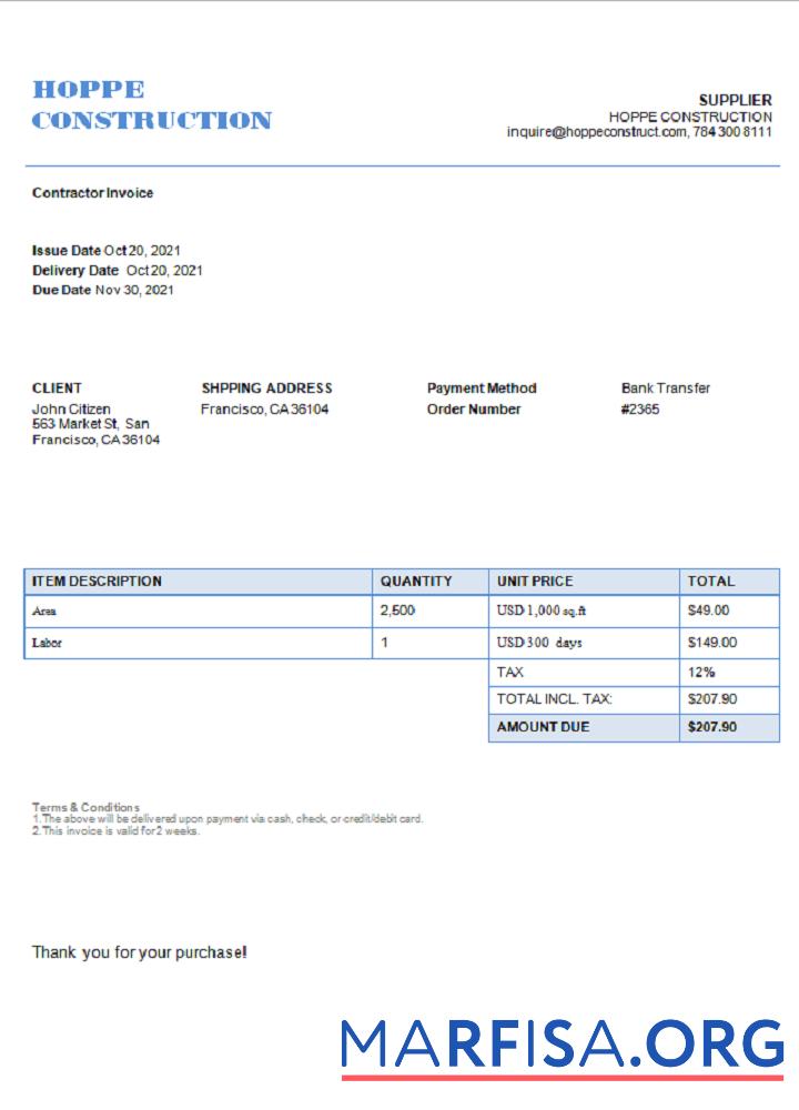 Printable USA Hope Construction invoice template
